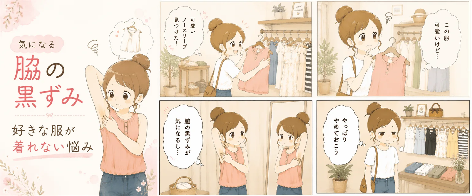 気になる脇の黒ずみ、好きな服が着れない悩みを描いたマンガ